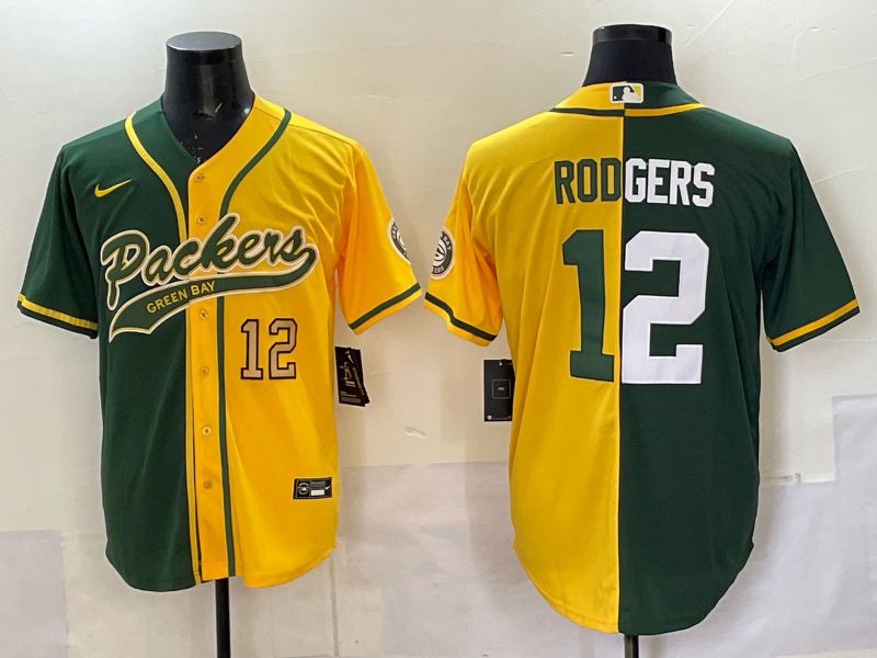 Men 2025 Green Bay Packers 12 Rodgers Green yellow Joint Name Nike Limited NFL Jersey style 005